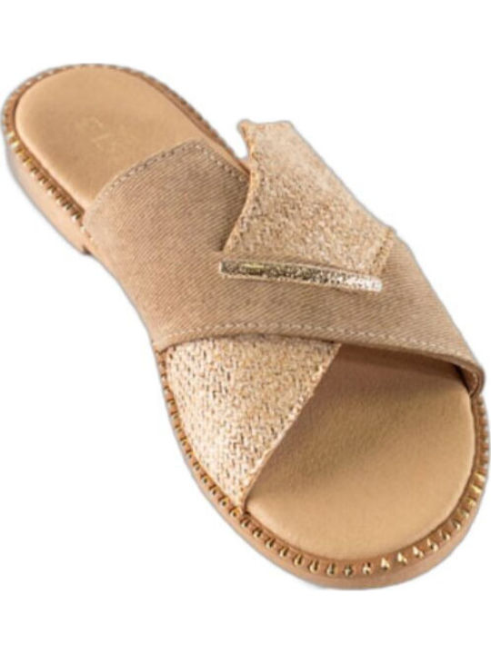 Leather Women's Flat Sandals in Beige Color
