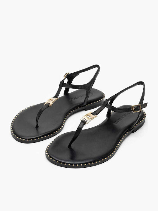 Leather Women's Flat Sandals in Black Color