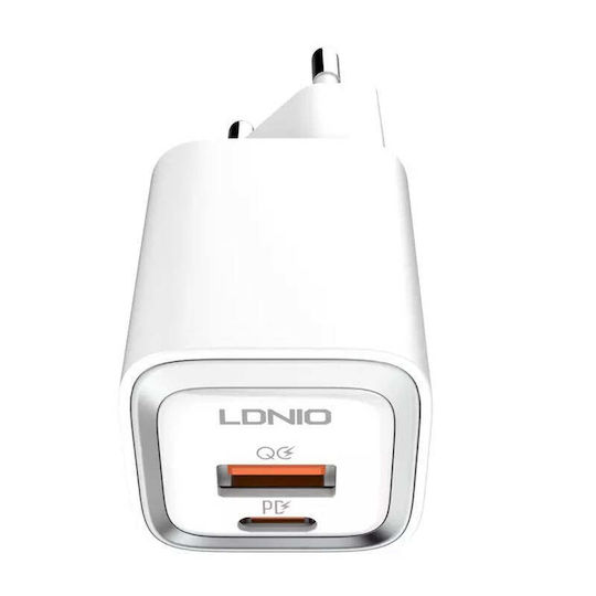 Ldnio с USB-A порт и USB-C порт и кабел USB-C - Lightning 20W Power Delivery Бял (A2318M)