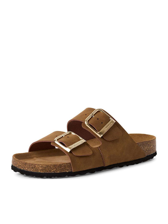 Leather Women's Flat Sandals in Tabac Brown Color