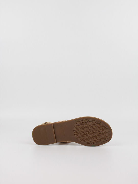Leather Women's Flat Sandals with Strap in Gold Color