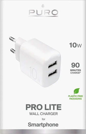Puro Ladegerät ohne Kabel mit 2 USB-A Anschlüsse 10W Weißs (Prolite)