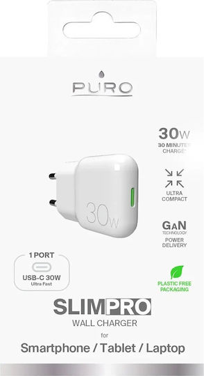 Puro Φορτιστής Χωρίς Καλώδιο GaN με Θύρα USB-C 30W Power Delivery Λευκός (Slimpro)