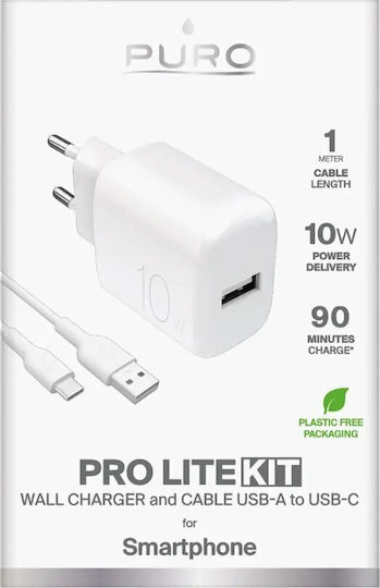 Puro Ladegerät mit USB-A Anschluss und Kabel USB-C 10W Weißs (Prolite)