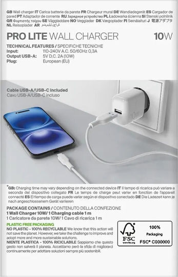 Puro Ladegerät mit USB-A Anschluss und Kabel USB-C 10W Weißs (Prolite)
