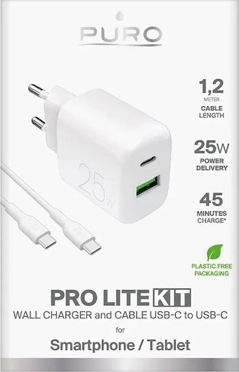 Puro Φορτιστής με Θύρα USB-A και Θύρα USB-C και Καλώδιο USB-C - USB-C 25W Λευκός (Prolite)