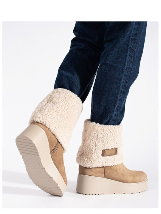 Medium Heel Women's Boots with Fur Khaki