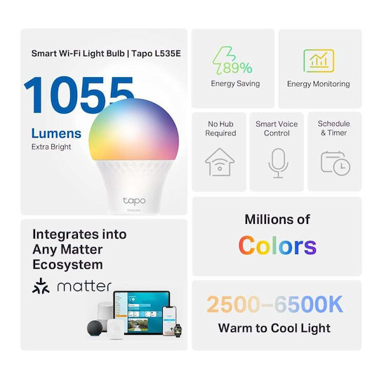 TP-LINK Smart Bulb Tapo L535E v1 LED 8.6W for E27 Socket RGBW 1055lm