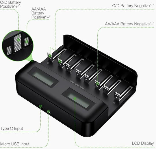 EBL C9008TC USB Зарядно 8 за батерии Ni-MH Размер AA/AAA/D в Черен цвят