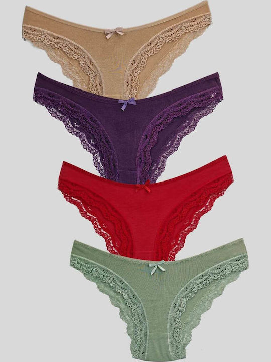 R1501 Βαμβακερά Γυναικεία Slip MultiPack με Δαντέλα Πολύχρωμο