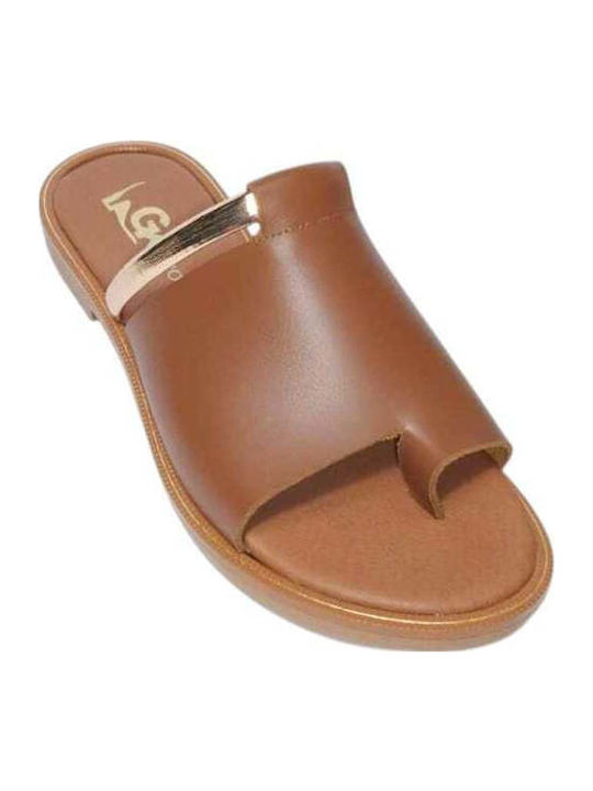 Leather Women's Flat Sandals in Tabac Brown Color