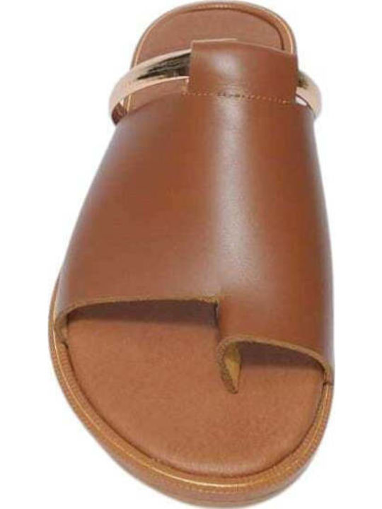 Leather Women's Flat Sandals in Tabac Brown Color