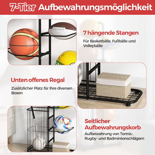 Costway 7-Tier Ball Storage Rack with Removable Hanging Rods & Storage Basket 59 X 24 X 147 Cm Black Fh10109