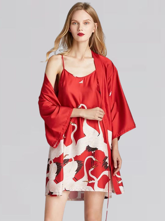 La Lolita Amsterdam Χειμερινή Γυναικεία Ρόμπα Red - White Harper