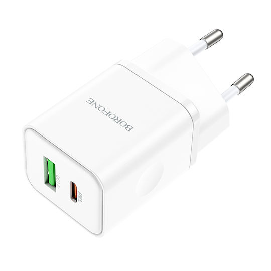 Borofone Charger Without Cable with USB-A Port and USB-C Port 20W Power Delivery / Quick Charge 3.0 Whites (BN7)