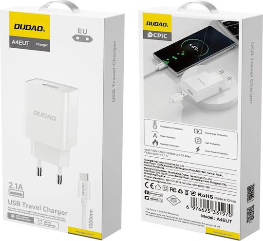 Dudao Charger with USB-A Port and Cable USB-C Whites (A4EU)