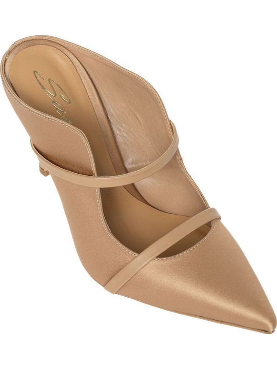 Satin Mules with High Heel in Beige Color