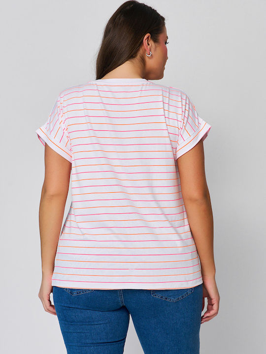Women's Crop Top Short Sleeve with V Neckline Striped White