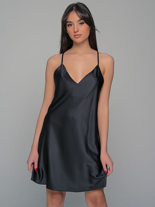 Milena by Paris Χειμερινό Σατέν Γυναικείο Νυχτικό με String Μαύρο Milena by Paris Χειμερινό Σατέν Γυναικείο Νυχτικό με String Μαύρο