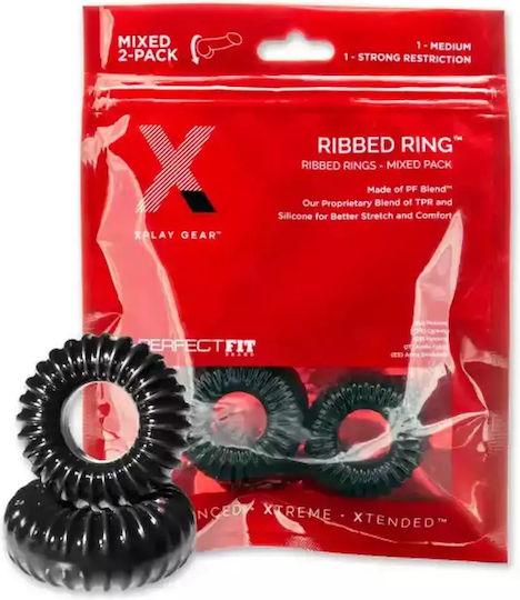 Perfect Fit Brand XPlay Gear Ribbed Cock Rings Mixed Pack Σετ Δαχτυλίδια Πέους Μαύρα