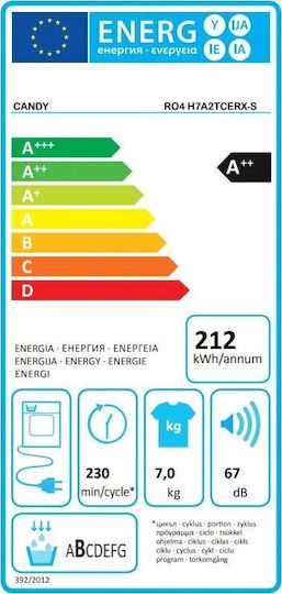 Mașină de uscat Candy Ro4 H7a2tcerx-s Clasa de eficiență energetică A++ Încărcare frontală 7 Kg Adâncime TFT 46,5 cm Wi-fi Gri