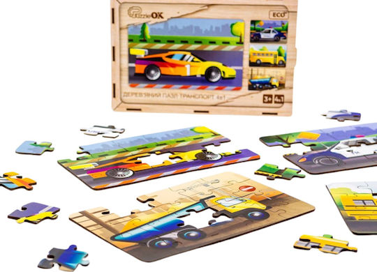 Puzzleok Puzzle din Lemn 4 în 1 Set de Puzzle-uri Vehicule Mașini de Transport