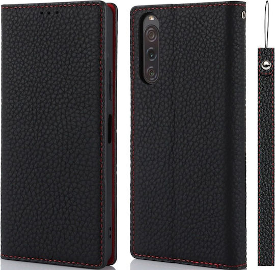 Sony Xperia 10 V Litchi Hautstruktur Schwarze Flip-Hülle