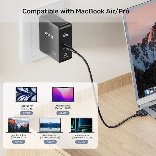Unitek LED Magnetic USB 2.0 Cable USB-C Male Magsafe 3 140W PD Black 1m C14121BK-1M