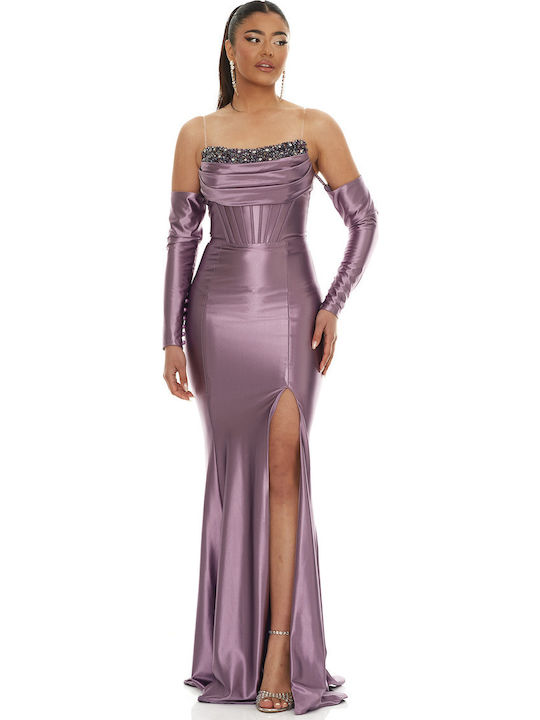 Maxi Evening Satin Dress with Tearing Purple