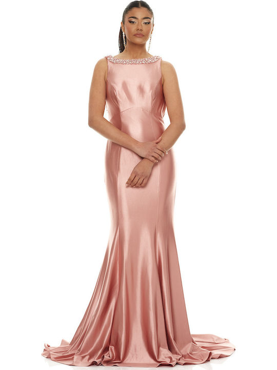 Maxi Dress for Wedding - Christening Satin Open Back Pink