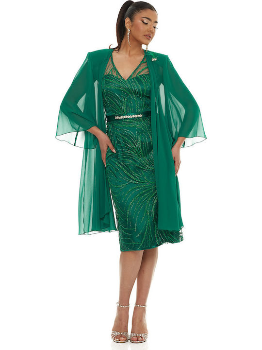 Green Midi Evening Dress with Mesh