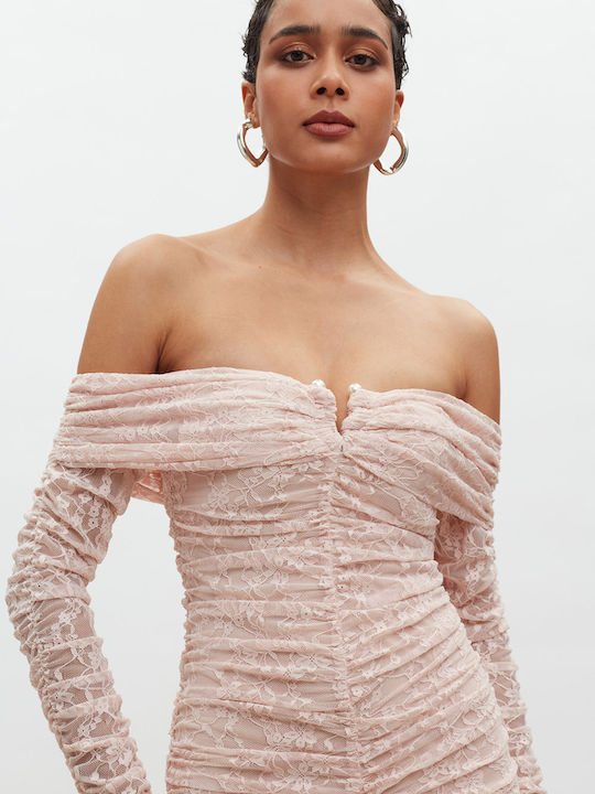 Rochie Midi De Seară Cu Dantelă Roz