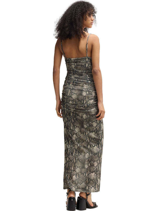 Summer Maxi Evening Dress Drape with Mesh Brown