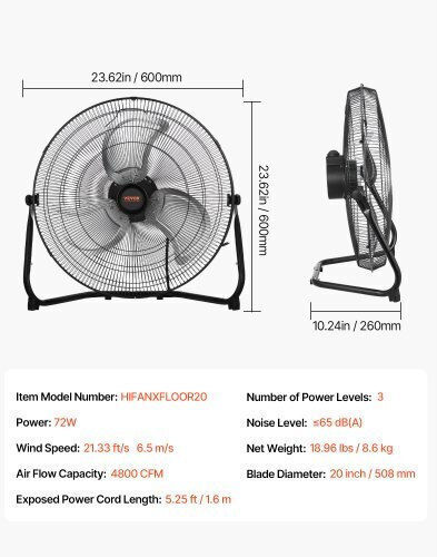 Vevor Ventilator De Pardoseală Putere 72W Diametru Ventilator 50.8cm Negru