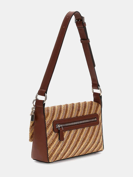 Gesteppte Damen-Umhängetasche aus Stroh mit Klappe Natural / Cognac
