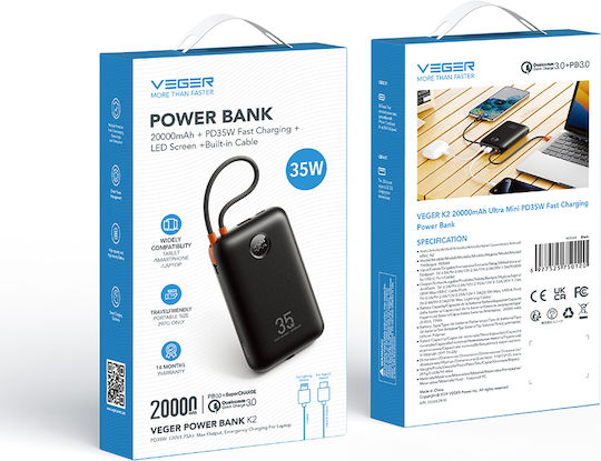 Veger W2068 Power Bank 20000mAh 35W cu Port USB-A și Port USB-C Livrarea energiei / Quick Charge 3.0 Negru