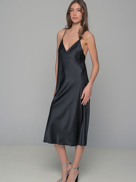 Milena by Paris Summer Satin Women's Nightdress with String Black