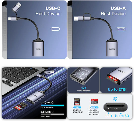 Четец Unitek Unitek Четец На Карти Памет Sd4.0 Micro Sd4.0 2в1