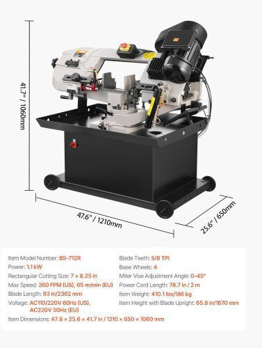 Vevor Metall-Horizontale Bandsäge 7 x 8,25 Zoll 1,1 kW Variable Geschwindigkeit 220V WSJSSPDJKXZD96ZL2V2