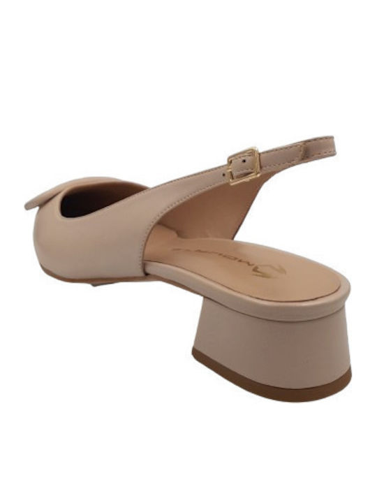 Leather Pointed Toe Beige Heels with Strap