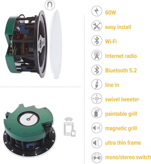 Difuzoare de tavan active Artsound Smart In Wifi Multiroom Active+pa