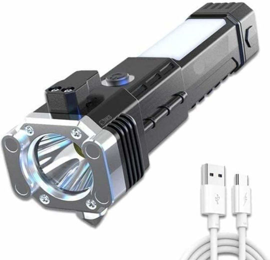 Lanternă LED Siks Echipată cu Ciocan de Siguranță, Cutter, Încărcare Magnetică USB, Baterie Reîncărcabilă 300 Lm, Rezistentă la Apă IP44, Material ABS, Negru Argintiu