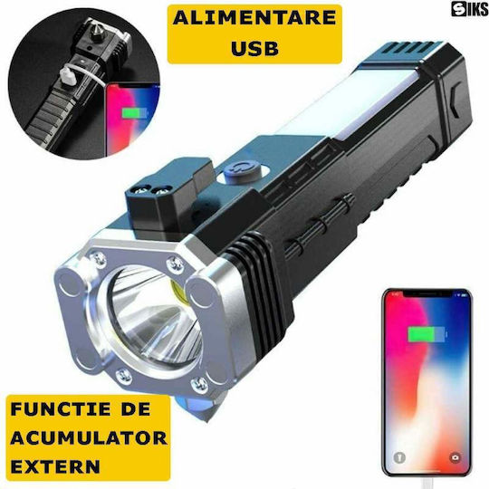 Lanternă LED Siks Echipată cu Ciocan de Siguranță, Cutter, Încărcare Magnetică USB, Baterie Reîncărcabilă 300 Lm, Rezistentă la Apă IP44, Material ABS, Negru Argintiu