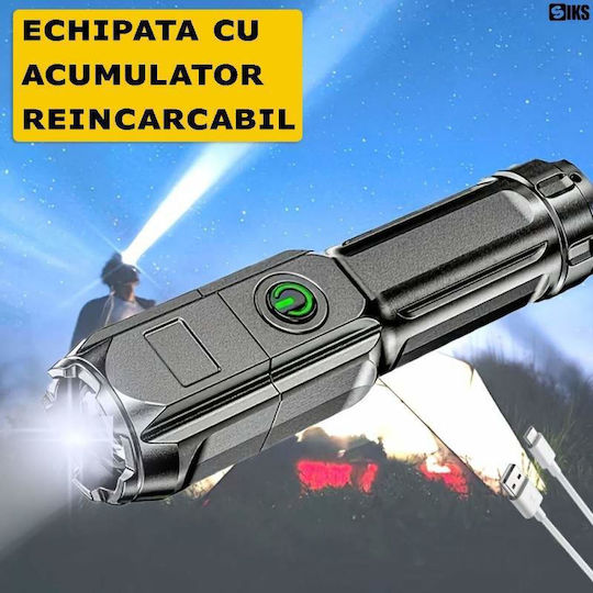 Professional Aluminum Siks Flashlight Adjustable Light Telescopic Focus 200 Meter Range 36w Led Waterproof Ip44 Rechargeable Battery Charging Cable Black
