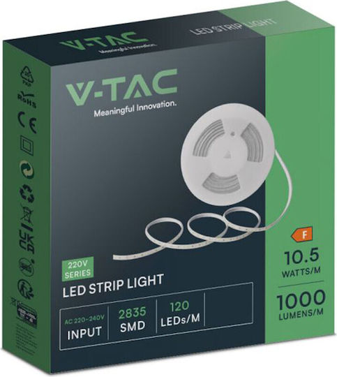 V-TAC Αδιάβροχη Ταινία LED 220V Ψυχρό Λευκό Φως 10m Τύπου SMD2835