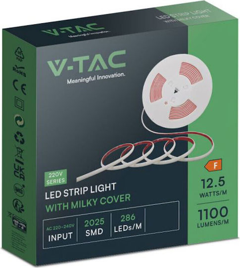 V-TAC Waterproof LED Strip 220V Warm White Light 5m Type COB