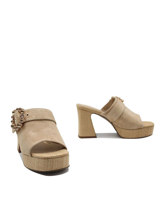 Suede Mules με Χοντρό Ψηλό Τακούνι σε Μπεζ Χρώμα