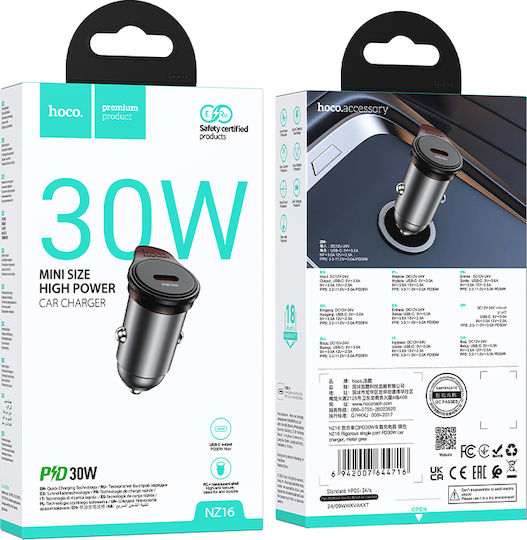 Hoco NZ16 Handy-Autoladegerät 30W mit 1xType-C Grau Farbe