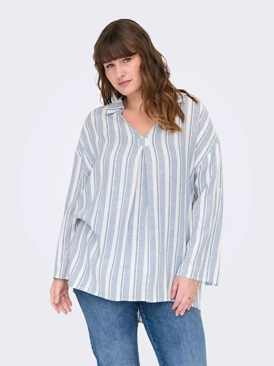 Women's Summer Blouse Linen with 3/4 Sleeve Striped Sky Blue