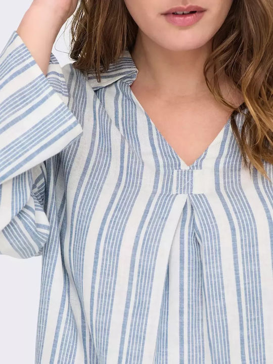 Women's Summer Blouse Linen with 3/4 Sleeve Striped Sky Blue